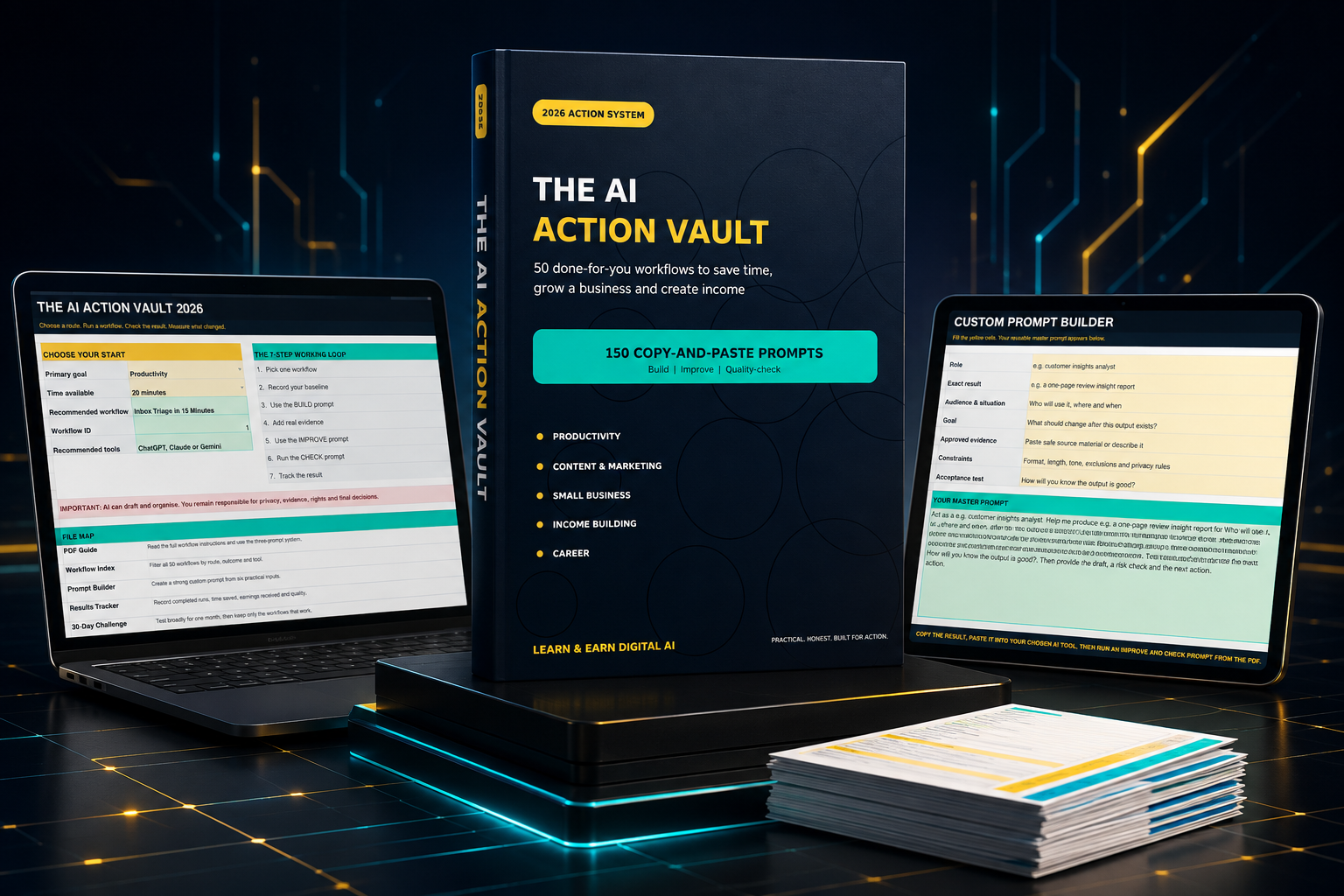 The AI Action Vault guide, interactive workbook and prompt builder displayed as a premium digital bundle