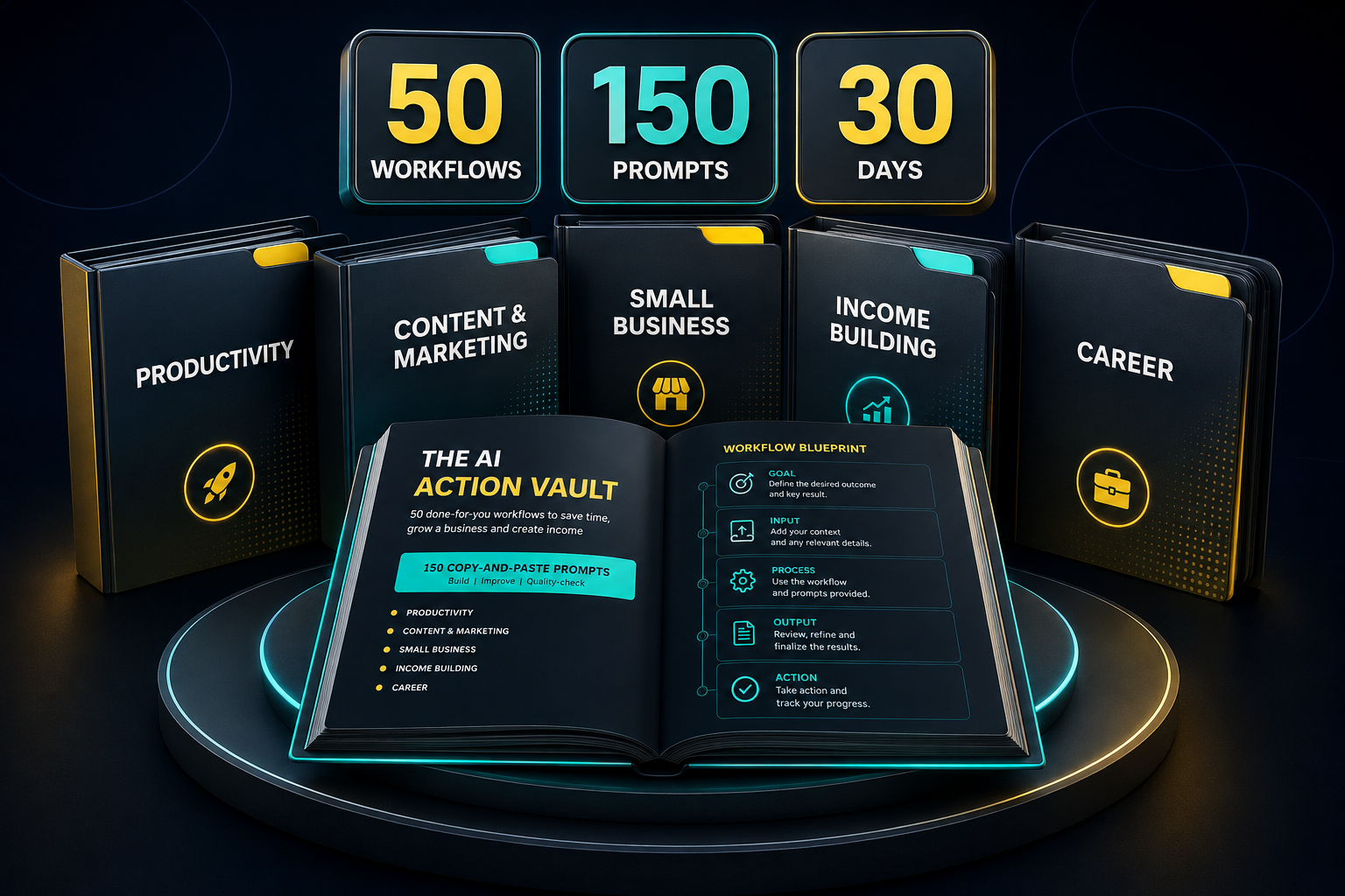The five AI Action Vault workflow categories with 50 workflows, 150 prompts and a 30-day challenge