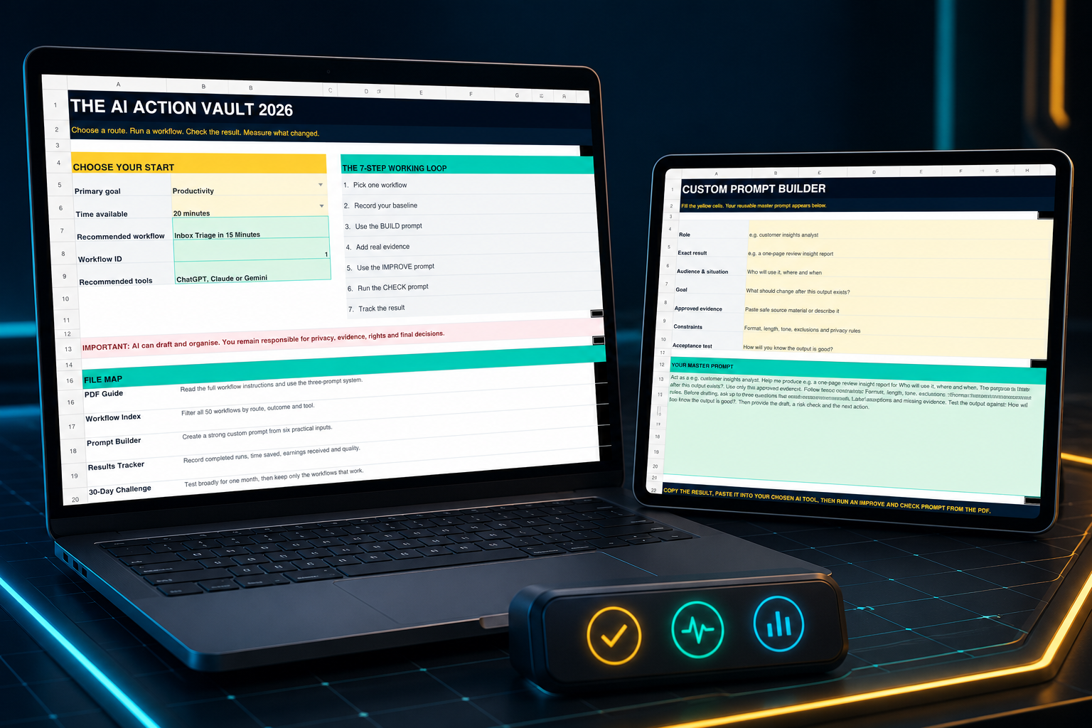 The AI Action Vault interactive workbook shown on a premium laptop and tablet