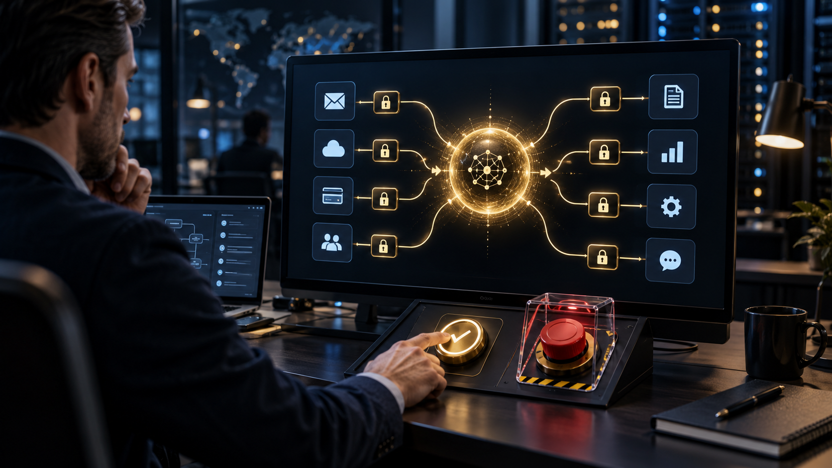 A business owner controlling an AI workflow through locked permission gates, an approval button and an emergency stop switch