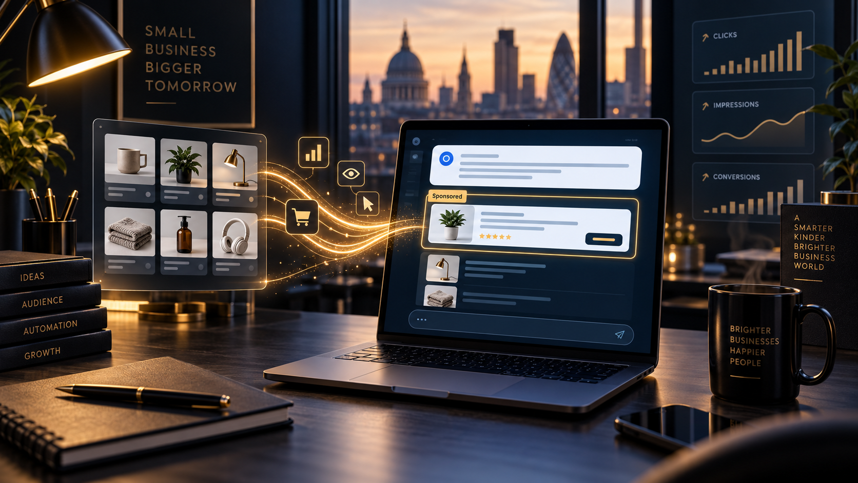 An ecommerce catalogue flowing into a clearly separated sponsored card beneath a conversational AI answer on a business laptop