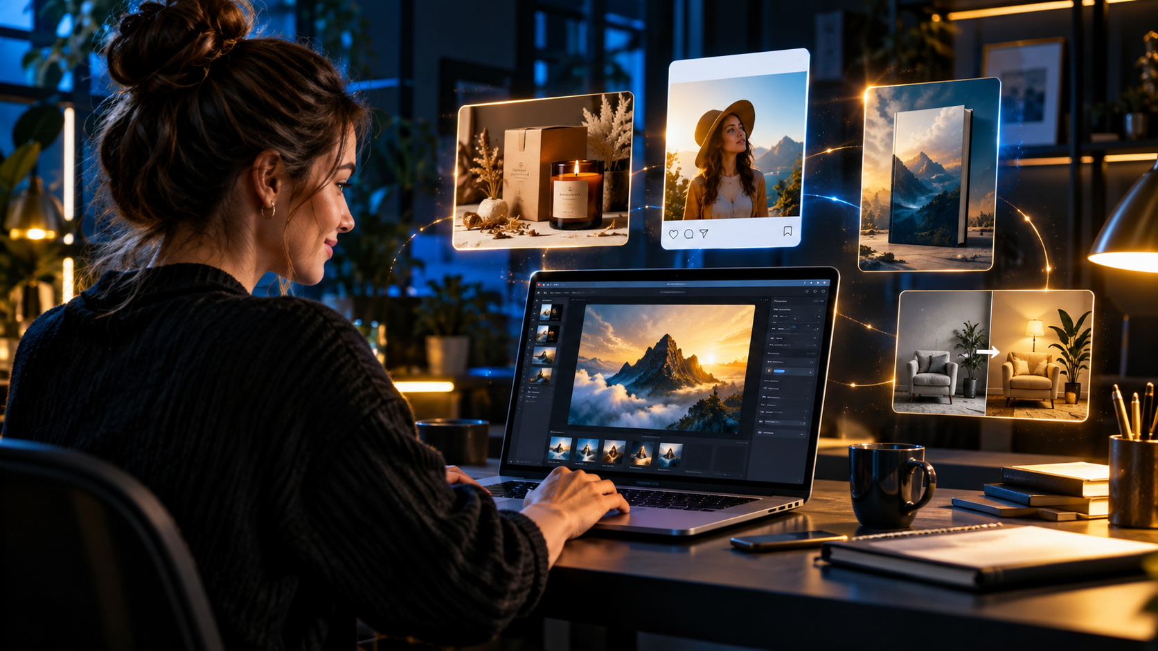A small-business creator using an AI image editor to produce product photographs, social posts, book covers and room mockups