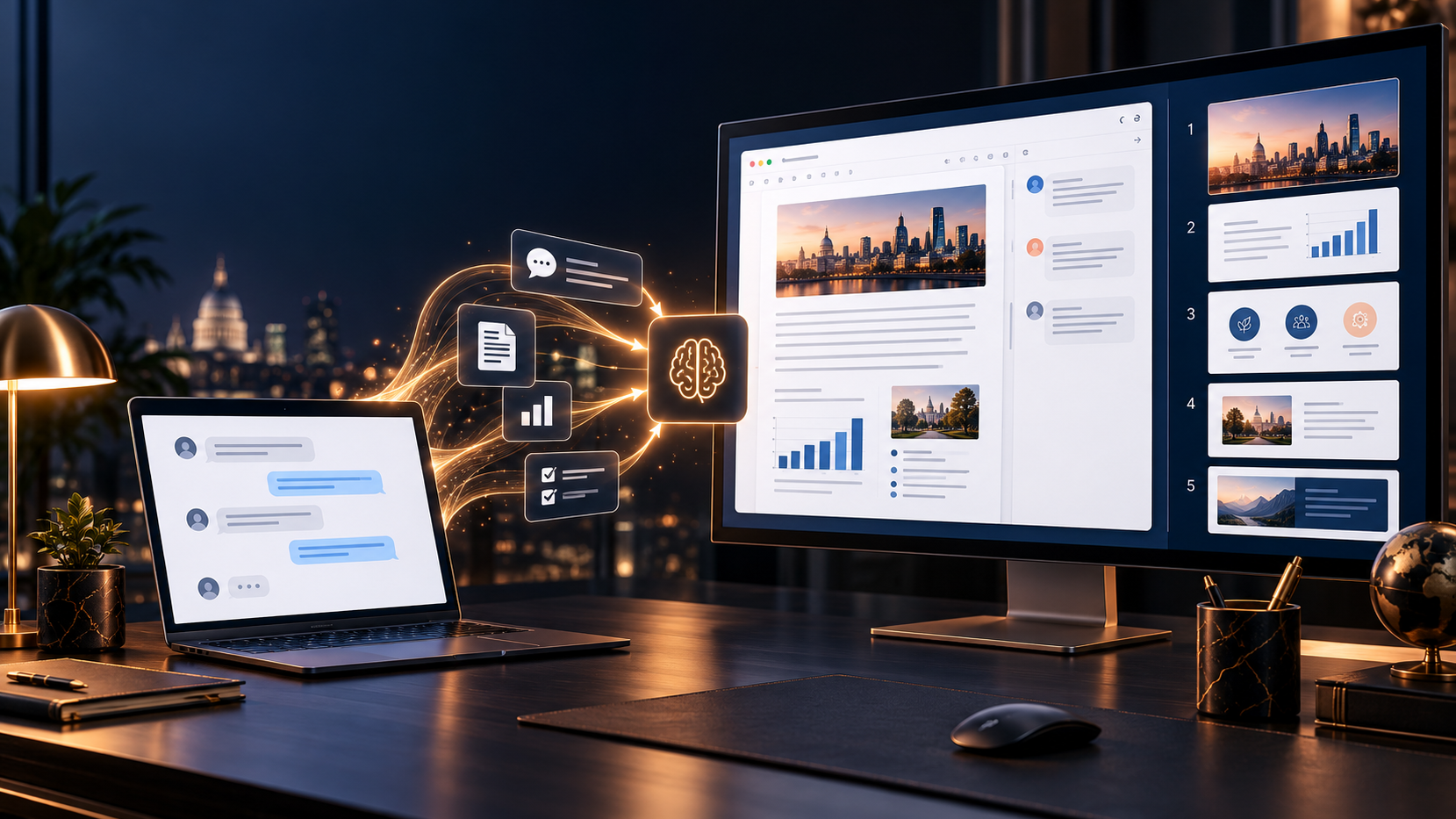 A unified AI workspace turning one business conversation into an editable document and a five-slide presentation