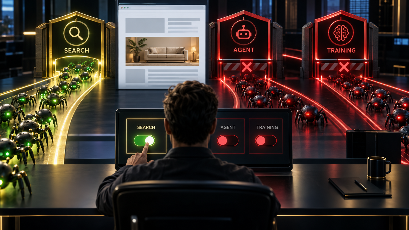 A website owner allowing search crawlers while blocking AI agent and training traffic at three controlled security gates