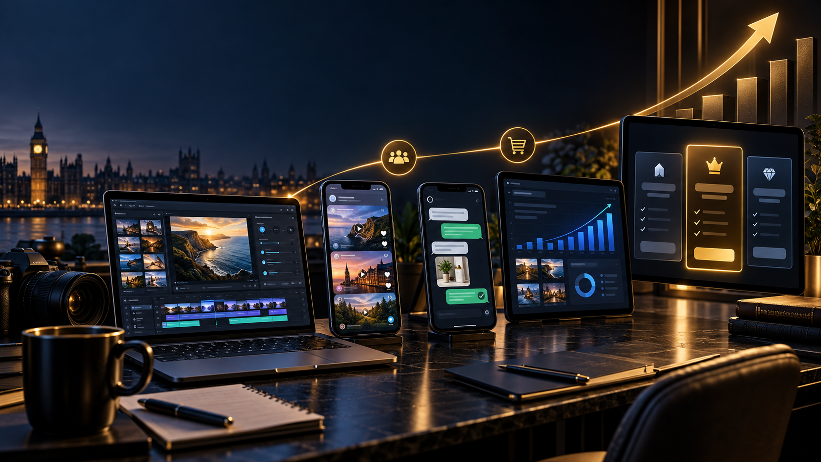 A small-business creator desk comparing social media AI tools, customer messages, audience insights and subscription tiers