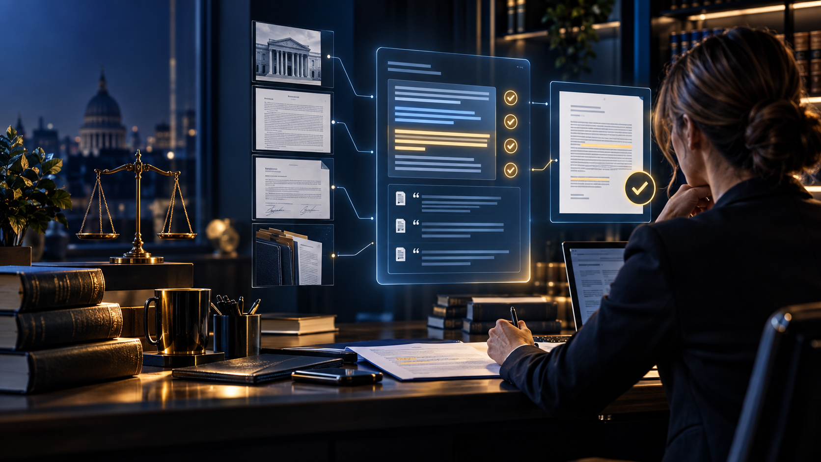 A professional reviewing source-backed legal AI research with documents, citations and human approval checkpoints