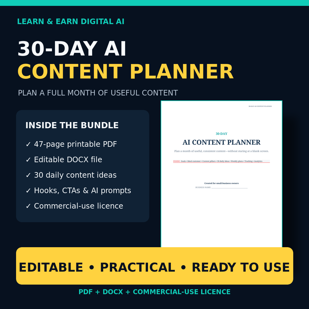 30-Day AI Content Planner PDF, editable DOCX and commercial-use licence bundle