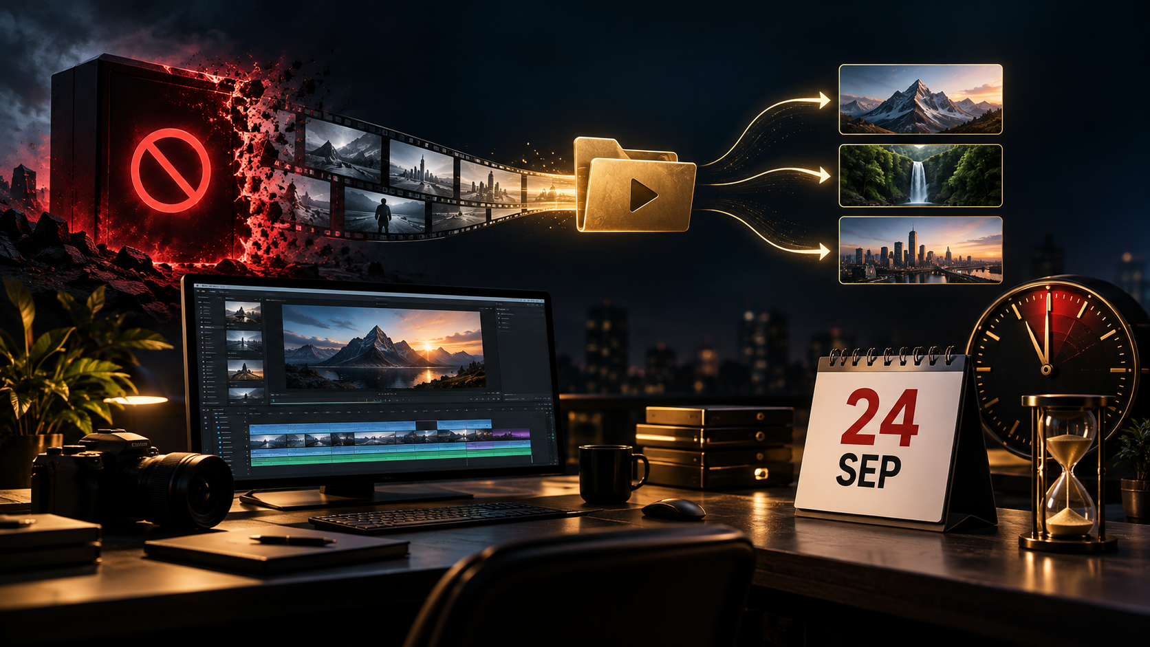 A creator video workstation exporting film assets from a closing endpoint towards replacement workflows beside a 24 September calendar