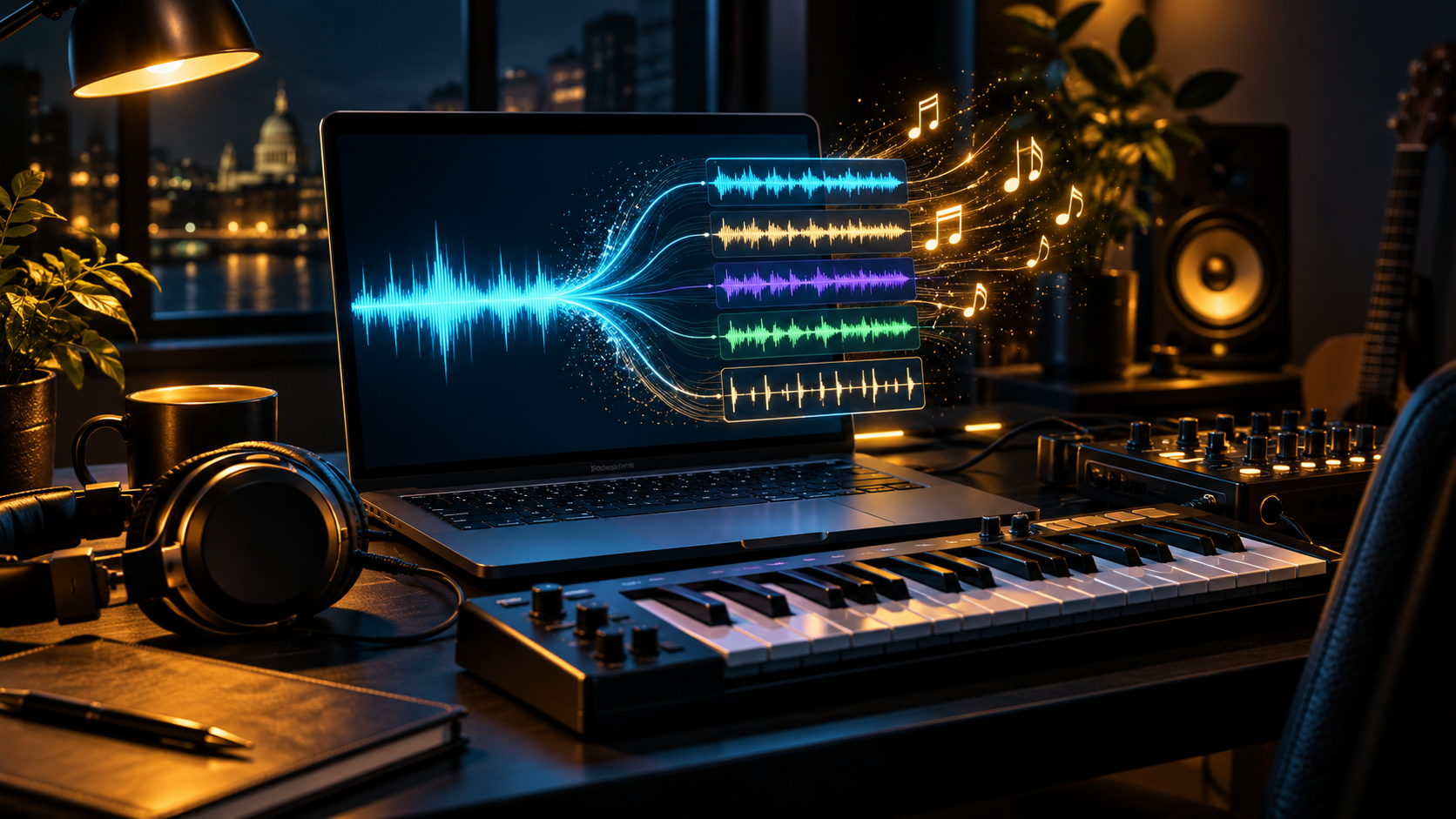 A laptop in a dark home music studio showing an AI waveform splitting into editable music tracks beside a keyboard and headphones